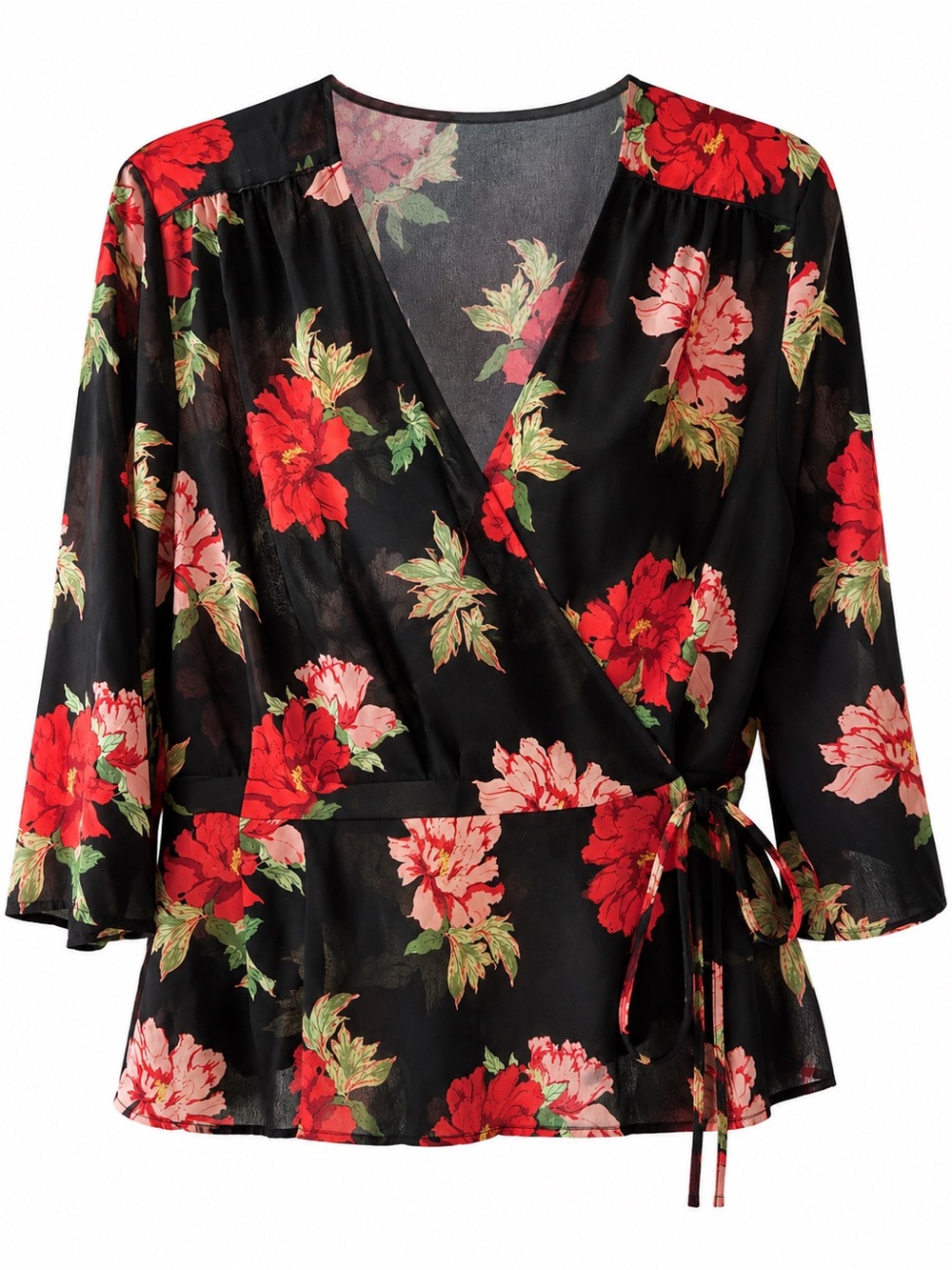 Topshop Women’s Wrap Floral Blouse Size 12 Black Red Long Sleeve Pre-Owned